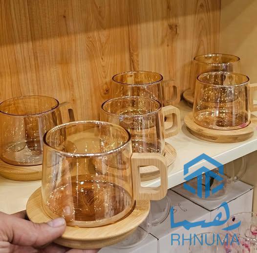 سیت گیلاس شیشه ای ناسوز با دسته و نعبلکی چوبی